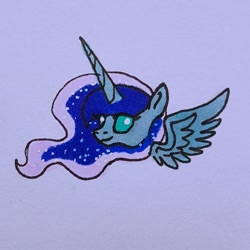 Size: 1080x1080 | Tagged: safe, artist:galaxy.in.mind, character:princess luna, species:alicorn, species:pony, g4, bust, ethereal mane, female, galaxy mane, horn, mare, smiling, solo, traditional art, wings