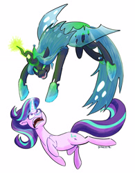 Size: 2480x3185 | Tagged: safe, artist:gintoki23, character:queen chrysalis, character:starlight glimmer, species:changeling, species:pony, species:unicorn, episode:the ending of the end, g4, my little pony: friendship is magic, angry, changeling queen, determined, duo, female, fight, glare, glowing horn, high res, horn, magic, open mouth, smiling, smirk, starlight vs chrysalis, ultimate chrysalis