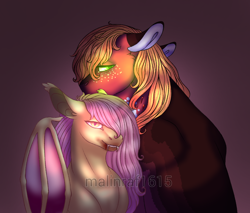 Size: 990x842 | Tagged: safe, artist:malinraf1615, character:big mcintosh, character:flutterbat, character:fluttershy, species:bat pony, species:earth pony, species:pony, ship:fluttermac, g4, bat ponified, bite mark, blood, corrupted, fangs, female, floppy ears, glowing eyes, gradient background, looking at you, male, race swap, shipping, slit eyes, straight, watermark