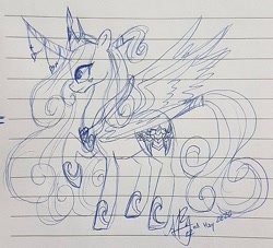 Size: 587x533 | Tagged: safe, artist:galaxy.in.mind, character:princess cadance, character:princess flurry heart, species:alicorn, species:pony, g4, curved horn, female, fusion, hoof shoes, horn, horn jewelry, jewelry, lineart, lined paper, mare, peytral, raised hoof, signature, solo, traditional art