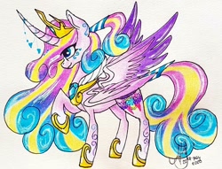 Size: 1080x824 | Tagged: safe, artist:galaxy.in.mind, character:princess cadance, character:princess flurry heart, species:alicorn, species:pony, g4, curved horn, female, fusion, hoof shoes, horn, horn jewelry, jewelry, mare, peytral, raised hoof, signature, solo, traditional art
