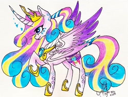 Size: 1080x824 | Tagged: safe, alternate version, artist:galaxy.in.mind, character:princess cadance, character:princess flurry heart, species:alicorn, species:pony, g4, curved horn, female, fusion, hoof shoes, horn, horn jewelry, jewelry, mare, peytral, raised hoof, signature, solo, traditional art