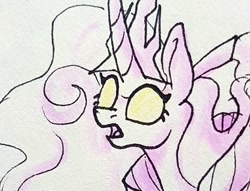 Size: 907x692 | Tagged: safe, artist:galaxy.in.mind, character:princess cadance, character:princess flurry heart, species:alicorn, species:pony, g4, bust, curved horn, female, fusion, glowing eyes, horn, lineart, mare, open mouth, solo, traditional art