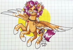 Size: 1080x743 | Tagged: safe, artist:galaxy.in.mind, oc, oc only, species:pegasus, species:pony, g4, female, flower, flower in hair, flying, graph paper, grin, jewelry, mare, necklace, one eye closed, pegasus oc, signature, smiling, socks (coat marking), solo, traditional art, wings, wink