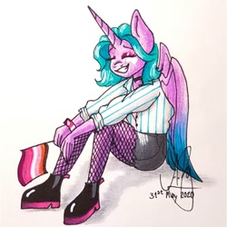 Size: 1080x1080 | Tagged: safe, artist:galaxy.in.mind, oc, oc only, oc:angela, species:alicorn, species:anthro, species:pony, g4, alicorn oc, bracelet, choker, clothing, eyes closed, female, fishnets, flag, horn, jewelry, shoes, shorts, signature, sitting, traditional art, wings