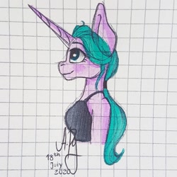 Size: 1080x1080 | Tagged: safe, artist:galaxy.in.mind, oc, oc only, oc:angela, species:anthro, species:pony, species:unicorn, g4, bust, clothing, female, graph paper, horn, looking up, signature, smiling, traditional art, unicorn oc