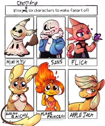 Size: 1080x1290 | Tagged: safe, artist:cherrydrip.art, artist:raichi, character:applejack, species:earth pony, species:pony, g4, adventure time, animal crossing, anthro with ponies, bone, butterfly, chameleon, clothing, crossover, flame princess, flick, grin, heart, male, mimikyu, missing accessory, one eye closed, pokémon, sans (undertale), six fanarts, skeleton, smiling, undertale, wink
