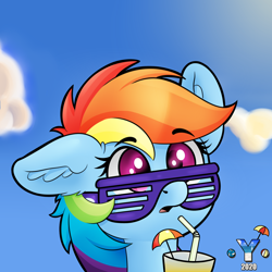 Size: 2000x2000 | Tagged: safe, alternate version, artist:yelowcrom, character:rainbow dash, species:pegasus, species:pony, g4, bust, cloud, drink, ear down, ear fluff, female, glasses, mare, open mouth, outdoors, shutter shades, simple background, solo, straw, summer, surprised