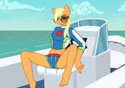 Size: 2893x2039 | Tagged: safe, alternate version, artist:camo-pony, derpibooru original, character:applejack, species:anthro, species:plantigrade anthro, g4, breasts, busty applejack, clothing, equestria girls outfit, looking at you, sunglasses, swimsuit, wet, wet mane