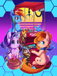 Size: 900x1200 | Tagged: safe, artist:blazemizu, community related, character:rainbow dash, character:starlight glimmer, oc, species:pegasus, species:pony, species:unicorn, them's fightin' herds, g4, arcade, cake, commission, food, glowing horn, horn, poster