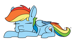 Size: 1200x715 | Tagged: safe, artist:dacaoo, character:rainbow dash, species:pegasus, species:pony, g4, eyes closed, female, lying down, sleeping, solo