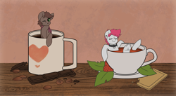 Size: 2654x1458 | Tagged: safe, artist:klooda, oc, oc only, oc:brewer, oc:noble brew, oc:rose red, species:pony, g4, chocolate, coffee, coffee mug, colt, commission, cookie, cup, cup of pony, cute, digital art, eyes closed, female, food, frog (hoof), heart, leaves, looking at you, male, mare, micro, mug, one eye closed, smiley face, smiling, smiling at you, stallion, strawberry, swimming, table, tea, teacup, underhoof, wink, ych result