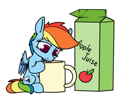 Size: 1200x990 | Tagged: safe, artist:dacaoo, character:rainbow dash, species:pegasus, species:pony, g4, apple juice, carton, cup, cute, dashabetes, drinking, female, juice, mare, smoldash, tiny, tiny ponies, tongue out