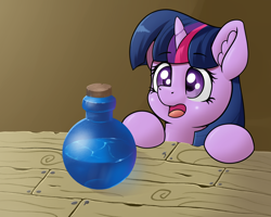 Size: 4000x3200 | Tagged: safe, artist:yelowcrom, character:twilight sparkle, character:twilight sparkle (unicorn), species:pony, species:unicorn, g4, cute, female, mare, potion, simple background, solo, surprised, twiabetes, wood