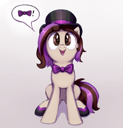 Size: 1579x1637 | Tagged: safe, artist:thebowtieone, oc, oc:bowtie, species:earth pony, species:pony, g4, bow tie, clothing, cute, female, gradient background, hat, mare, ocbetes, pictogram, solo, top hat