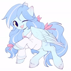 Size: 2048x2048 | Tagged: safe, artist:amo, oc, oc only, species:pegasus, species:pony, g4, clothing, one eye closed, raised hoof, simple background, solo, unshorn fetlocks, white background, wink