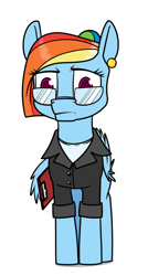 Size: 645x1200 | Tagged: safe, artist:dacaoo, character:rainbow dash, species:pegasus, species:pony, g4, alternate hairstyle, clipboard, clothing, ear piercing, earring, female, glasses, jewelry, piercing, rainbow dork, simple background, solo