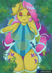 Size: 1518x2150 | Tagged: safe, artist:penlink, character:fluttershy, species:anthro, species:pegasus, species:pony, g4, big breasts, both cutie marks, breasts, busty fluttershy, clothing, eyes closed, female, floating, lying down, mare, on back, one-piece swimsuit, outdoors, solo, swimming, swimsuit, water