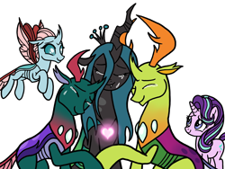 Size: 2048x1536 | Tagged: safe, artist:melspyrose, character:ocellus, character:pharynx, character:queen chrysalis, character:starlight glimmer, character:thorax, species:changedling, species:changeling, species:pony, species:reformed changeling, species:unicorn, g4, a better ending for chrysalis, changedling brothers, changeling queen, character development, crying, cute, cutealis, diaocelles, eyes closed, female, pharybetes, simple background, tears of joy, teary eyes, thorabetes, white background