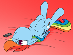 Size: 1200x912 | Tagged: safe, artist:dacaoo, character:rainbow dash, species:pegasus, species:pony, g4, cute, dashabetes, female, floppy ears, folded wings, lying down, mare, on back, remote control, solo, wings