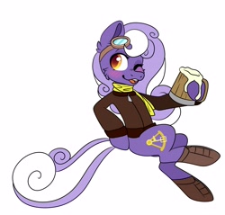 Size: 4096x3916 | Tagged: safe, alternate version, artist:inkynotebook, oc, oc only, oc:aether naut, species:earth pony, species:pony, g4, beer mug, blushing, boots, cider, clothing, earth pony oc, female, goggles, hoof hold, mare, one eye closed, scarf, shoes, simple background, solo, white background, wink