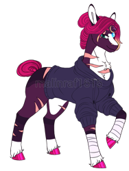 Size: 661x881 | Tagged: safe, artist:malinraf1615, character:fizzlepop berrytwist, character:tempest shadow, species:pony, species:unicorn, g4, alternate hairstyle, bandage, broken horn, clothing, eye scar, female, headcanon, hoodie, horn, horn ring, jewelry, mare, markings, raised hoof, redesign, ring, scar, simple background, solo, tape, transparent background, unshorn fetlocks, wedding ring