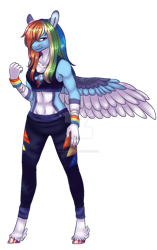 Size: 600x957 | Tagged: safe, artist:malinraf1615, character:rainbow dash, species:anthro, species:pegasus, species:pony, species:unguligrade anthro, g4, abs, alternate hairstyle, bandage, belly button, breasts, cleavage, clothing, deviantart watermark, female, markings, obtrusive watermark, pants, simple background, solo, sports bra, sweatpants, tape, transparent background, unshorn fetlocks, watermark, wristband