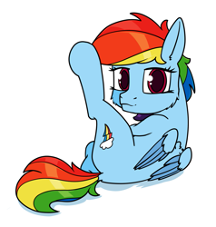 Size: 1143x1200 | Tagged: safe, artist:dacaoo, character:rainbow dash, species:pegasus, species:pony, g4, behaving like a cat, female, looking at you, lying down, raised hoof, simple background, solo, white background