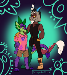 Size: 777x869 | Tagged: safe, artist:scrapeandlick, artist:spudsmcfrenzy, character:discord, character:spike, species:anthro, ship:dispike, g4, clothing, gay, hand on shoulder, hawaiian shirt, height difference, male, shipping, shirt, tongue out