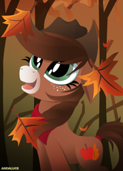 Size: 1500x2068 | Tagged: safe, artist:andaluce, oc, oc:autumn harvest, species:earth pony, species:pony, g4, autumn, clothing, forest, freckles, hat, leaves, scarf, solo