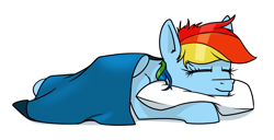 Size: 1500x768 | Tagged: safe, artist:dacaoo, character:rainbow dash, species:pegasus, species:pony, g4, blanket, eyes closed, female, hug, pillow, pillow hug, simple background, sleeping, solo, white background