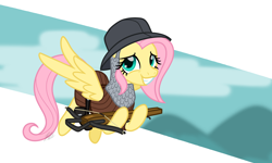 Size: 2000x1200 | Tagged: safe, artist:camo-pony, derpibooru original, character:fluttershy, species:pony, g4, armor, clothing, crossbow, female, simple background, solo, white background, wings