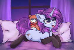 Size: 2600x1750 | Tagged: safe, artist:lakunae, oc, oc only, oc:lakunae, species:pony, species:unicorn, g4, bed, clothing, ear fluff, female, mare, night, pillow, progress, socks, solo, stockings, thigh highs