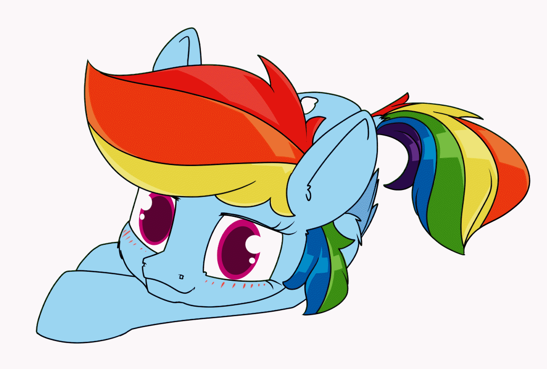 Size: 1097x740 | Tagged: safe, artist:dacaoo, character:rainbow dash, species:pegasus, species:pony, g4, animated, blushing, female, gif, lying down, prone, simple background, solo, white background