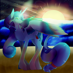 Size: 5800x5800 | Tagged: safe, artist:florarena-kitasatina/dragonborne fox, character:applejack, character:fluttershy, character:rarity, g4, absurd resolution, beach, cel shading, colored wings, fusion, lens flare, leonine tail, multicolored hair, multicolored wings, shading, signature, sunset, unshorn fetlocks, watermark, wings