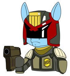 Size: 1282x1400 | Tagged: safe, artist:dacaoo, character:rainbow dash, species:pegasus, species:pony, g4, armor, badge, crossover, female, gun, helmet, judge dredd, simple background, solo, weapon, white background