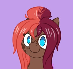 Size: 1261x1195 | Tagged: safe, artist:inkynotebook, part of a set, oc, oc only, oc:ruef, species:earth pony, species:pony, g4, bust, commission, earth pony oc, purple background, simple background, smiling, solo, ych result