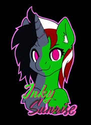 Size: 504x697 | Tagged: safe, artist:inkynotebook, oc, oc only, oc:inky notebook, species:pony, species:unicorn, g4, black background, bust, female, horn, mare, simple background, smiling, solo, split screen, two-face, unicorn oc