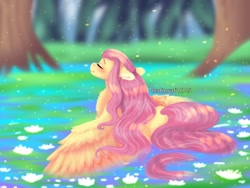 Size: 1024x768 | Tagged: safe, artist:malinraf1615, character:fluttershy, species:pegasus, species:pony, g4, alternate hairstyle, beautiful, blushing, chest fluff, cute, eyes closed, female, grass, leaf, lily pad, mare, river, shyabetes, solo, tree, water