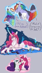 Size: 607x1050 | Tagged: safe, artist:malinraf1615, character:chancellor neighsay, character:princess amore, character:rainbow blaze, character:rainbow dash, species:pegasus, species:pony, species:unicorn, ship:neighamore, g4, alternate hairstyle, blushing, brother and sister, chest fluff, crying, curved horn, eyes closed, female, glowing horn, headcanon, heart, heterochromia, horn, leg fluff, magic, male, mare, markings, redesign, sad, shipping, siblings, stallion, straight, unshorn fetlocks