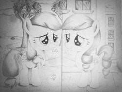 Size: 1024x769 | Tagged: safe, artist:theasce, character:applejack, character:coloratura, episode:the mane attraction, g4, my little pony: friendship is magic, apple, apple tree, black and white, female, filly, grayscale, monochrome, traditional art, tree, younger