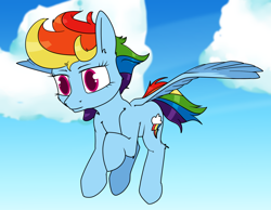Size: 1400x1085 | Tagged: safe, artist:dacaoo, character:rainbow dash, species:pegasus, species:pony, g4, cloud, female, flying, looking forward, mare, sky, solo, spread wings, wings