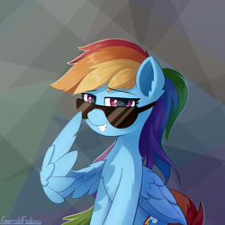 Size: 2000x2000 | Tagged: safe, artist:emeraldgalaxy, character:rainbow dash, species:pegasus, species:pony, g4, chest fluff, chromatic aberration, ear fluff, female, grin, looking at you, mare, sitting, smiling, solo, sunglasses, wing hands, wings