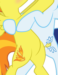 Size: 1959x2508 | Tagged: safe, artist:benybing, edit, character:soarin', character:spitfire, species:pegasus, species:pony, ship:soarinfire, g4, belly, bipedal, blushing, featureless crotch, female, high res, holding each other, male, pictures of bellies, shipping, simple background, straight, transparent background, vector, vector edit