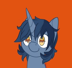 Size: 1261x1195 | Tagged: safe, alternate version, artist:inkynotebook, part of a set, oc, oc only, species:pony, species:unicorn, g4, bust, commission, horn, orange background, simple background, smiling, solo, unicorn oc, wingding eyes, ych result