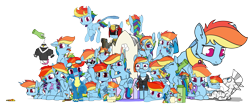 Size: 8775x3822 | Tagged: safe, artist:dacaoo, character:rainbow dash, character:twilight sparkle, character:twilight sparkle (alicorn), oc, species:alicorn, species:pegasus, species:pony, species:seapony (g4), species:zebra, ship:twidash, g4, alternate hairstyle, armor, bedroom eyes, bell, bell collar, blushing, box, braid, clothing, collage, collar, cutie mark, dashstorm, disembodied hand, do not want, doll, eyes closed, food, friendship throne, frog (hoof), genie, genie pony, geniefied, glasses, goggles, gun, hand, implied lesbian, implied shipping, implied twidash, juice, juice box, micro, mug, multeity, peytral, pizza, ponidox, pony in a box, scratching, seaponified, seapony rainbow dash, self ponidox, simple background, sleeping, species swap, spread wings, tongue out, toy, transparent background, underhoof, uniform, weapon, wet, wet mane, wings, wonderbolts uniform, zebra oc