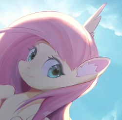Size: 1781x1742 | Tagged: safe, artist:amo, character:fluttershy, species:pegasus, species:pony, g4, bust, cute, ear fluff, female, looking at you, portrait, sky, smiling, solo, spread wings, wings