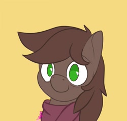 Size: 1261x1195 | Tagged: safe, artist:inkynotebook, part of a set, oc, oc only, oc:noble brew, species:earth pony, species:pony, g4, bust, clothing, commission, earth pony oc, scarf, signature, simple background, smiling, solo, ych result, yellow background