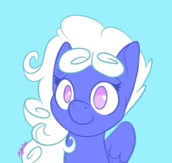Size: 1261x1195 | Tagged: safe, artist:inkynotebook, part of a set, oc, oc only, species:pegasus, species:pony, g4, blue background, bust, commission, pegasus oc, signature, simple background, smiling, solo, wings, ych result