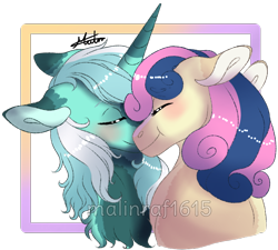 Size: 804x725 | Tagged: safe, artist:malinraf1615, character:bon bon, character:lyra heartstrings, character:sweetie drops, species:earth pony, species:pony, species:unicorn, ship:lyrabon, g4, adorabon, alternate hairstyle, blushing, boop, chest fluff, cute, eyes closed, female, floppy ears, lesbian, lyrabetes, mare, noseboop, shipping, simple background, transparent background